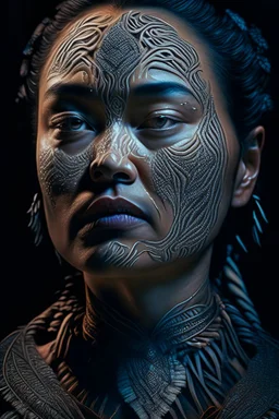 portrait of a maori woman, fractal, intricate, elegant, highly detailed, digital photography, subsurface scattering, cinematic lighting, by jheronimus bosch and james jean and greg rutkowski