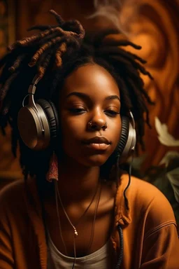 earthy black young woman listening to music with headphones, soul, peace, majestic, earthy colours, at peace, happy, incense, jewels, bands, natural, old school headphones, low siren eyes, incense, almond eyes