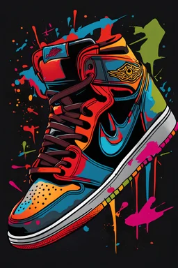 vector t-shirt art ready for print colorful graffiti illustration of Jordan 1 sneaker, frontal perspective, action shot, vibrant color, high detail, black background