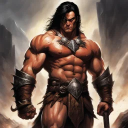 . His muscular form is defined by years of battle, and his chiseled features bear the scars of countless encounters. In his hands, Conan wields a warhammer, its weight seemingly insignificant within his mighty grasp. The weapon gleams in the sunlight, a testament to the countless foes it has crushed under its devastating blows. With every sinewy muscle flexed, Conan exudes an aura of raw power and indomitable strength.