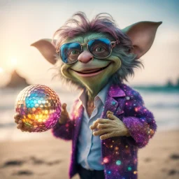 Bill Gates as hairy pimp groove funk kobold gremlin hippie holding disco ball on beach ,bokeh like f/0.8, tilt-shift lens 8k, high detail, smooth render, down-light, unreal engine