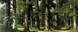 A grayish green forest with giant trees painted by Edouard Manet
