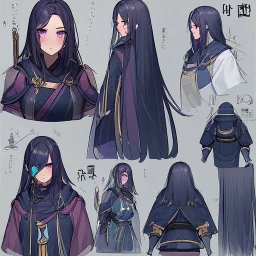 High quality, Detailed, Black long hair, Purple eyes, mouth open, blushing, ninja clothes, concept art, clothes kinda reavling