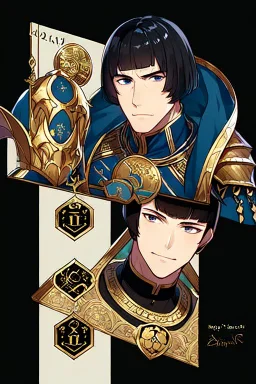 A handsome 30 year old knight, black hair, dark blue eyes, male bob haircut, in black-and-gold plate armor, no beard, european, portrait