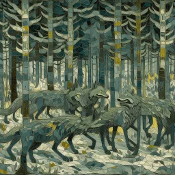 A gray woods with singing wolves designed in ancient Roman mosaics painted by Vincent van Gogh
