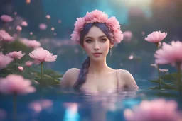 beautiful galactic goddess, full body, nice eyes, pure harmony, soft pink, soft blue, smile, galactic, magic, transcendent, goodness, divine, warm look, fantastic magical flowers background, colored lake, ultra sharp focus, ultra high definition, 8k, unreal engine5
