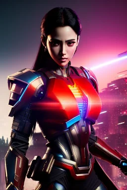 Futuristic Manga warrior, portrait from waist up, intricate eyeliner, vibrant eyeshadow, clear completion, soft lighting, 4k resolution, intricate details, insanely detailed, colorful cityscape background, masterpiece, expert, cinematic smooth, retroanime style, realistic details, no helmet
