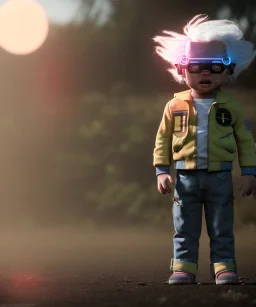 Emmet brown toddler, full body, delorean, dramatic lighting, hyper realistic