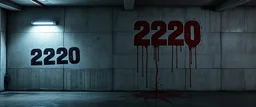 background of firing squad execution wall(wet textured concrete, gray, old, cracked, billet holes, blood stained, 1 wall light) from underground parking, german style, a large blocky upside down "2220" painted on left(old faded paint, red stains running down and past), cyberpunk,