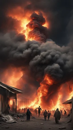 Hyper Realistic Photographic View Of Refugee Camps Are Burning & Palestinians are running-away from the flames with terrifying scared looks on their faces & crying with red smoky clouds & violent flames with terroristic environment at dark night showing dramatic ambiance.