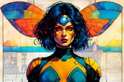 Hand drawn technical,full body portrait illustration , with detailed blueprints and engineering schematics of a walking Madagascan sunset moth insect girl, super heroine, in the comic book art style of BILL SIENKIEWICZ and JEAN GIRAUD MOEBIUS, with highly detailed facial features, drawings, and technical notation, 8k, vibrant natural colors