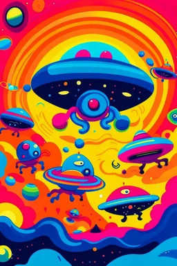 /imagine kids illustration space scene with monsters and flying saucers, cartoon style, thick lines, low detail, vivid color --ar 85:110