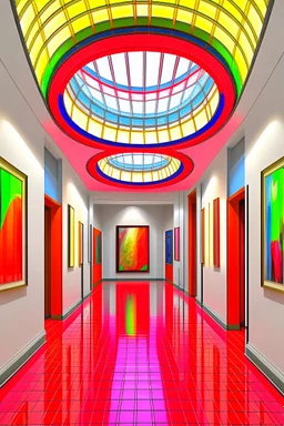 3 D-shot A hall for displaying art paintings. The walls are oval-shaped, and there is an oval wall in the middle of the hall, to divide the hall into two parts, and the paintings are hung on the walls, and the walls are made of glass.