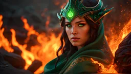 Armageddon. ragnarok. molten lava. 18 year old female sorcerer. fantastic beautiful emerald eyes. green and orange fire. exquisite realism, a masterpiece, fantasy concept art, dynamic lighting, hyperdetailed, intricately detailed, deep color, Unreal Engine, volumetric lighting , Epic cinematic brilliant stunning intricate meticulously detailed dramatic atmospheric maximal, CAMERA: Nikon Z7 | FOCAL LENGTH: 105mm | SHOT TYPE: Close-up | COMPOSITION: Centered | LIGHTING: Soft, directional