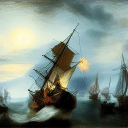 Rembrandt Snowstorm glowing lights ocean flying fish