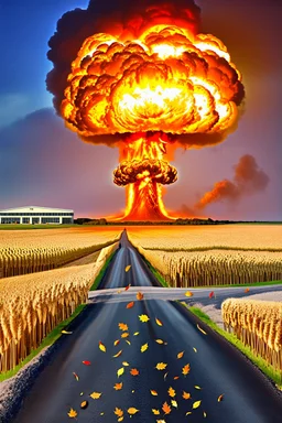 top right corner is a nuclear explosion cloud, top of explosion looks like a autumn tree full of leaves, add leaves falling everywhere in foreground, bottom 2/3 is a road through a wheat field, a wind is blowing away from the tree. a commercial building is on the middle left