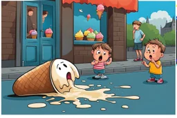 Fallen Ice-cream lies down on the street in comic, caricature style, a dropped ice cream melting on street ground. Over standing a howling, crying little boy with big head. In backround adults with scared faces, people, funny birds. whimschical, detalied, funny comic picture