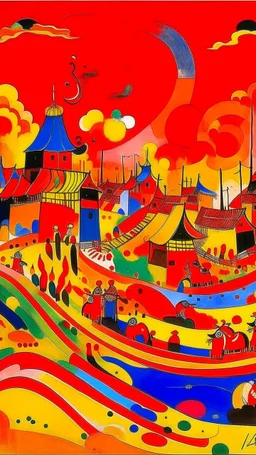 A red fiery Chinese royal village painted by Wassily Kandinsky