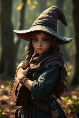 Ghibli movie. gerhart, guweiz. portrait of a beautiful witch holding a satchel, dynamic pose, galactic creature, hunter, forest background, fantasy, ghibli. using natural light to highlight weathered textures. with an emphasis on expression and mood. bokeh, Ultra-detailed Quality 3D, 3d render octane, Unreal engine 5 effects, VFX, Isometric, Made in blender, 8k sharp focus, cinematic, ultrahd, highly detailed, ultra photorealism fantasy