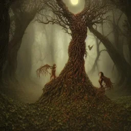 woman, bark skin, detailed fantasy art, stunning, beautiful, gorgeous, turning into tree, morph, forest of the dead, moonlight, mist, George Grie, Marco Escobedo, Igor Morski, brian froud, selina french, howard lyon