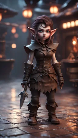 full figure with metallic stone gauntlets holding dark brown jagged dagger, standing on wet tiled floor outside fantasy tavern, focused female brownie vampire gnome from worms armageddon wearing makeup, bokeh like f/0.8, tilt-shift lens 8k, high detail, smooth render, down-light, unreal engine, prize winning
