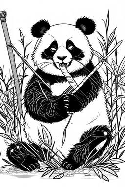 Showcase a playful panda, against a bamboo backdrop, clean line art, white background, no shadows, black and white coloring book.