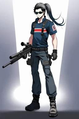 male cyberpunk solo with long hair tail, Norwegian, Wearing Leisureware and mirrored sunglasses, armed with sniper rifle, lean, nice, Anime Style, Retroanime, Video Game Character