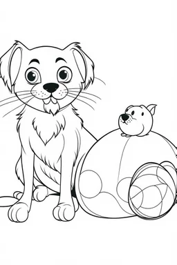 a dog with a ball on it's mouth with a cat beside it. kids coloring book. no color. thin crisp lines