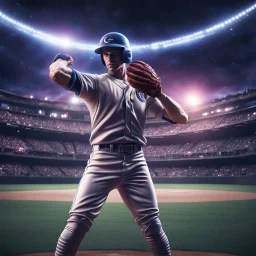 View of a muscular alien baseball pitcher throwing a pitch, futuristic major league baseball field night game bright astral cosmic background, dramatic kinetic pose, intricate detail, photorealism, by Charles M. Conlon, canon HD 4D lens, cinematic perfection.