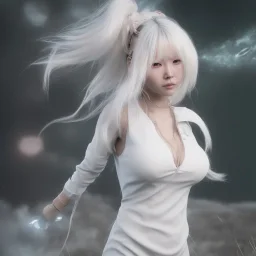 hitomi tanaka, dress white, long black hair, realistic, intriacte detail, sci-fi fantasy style, volumetric lighting, particales,highly detailed,cinamatic, deep colours,8k