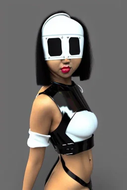 Cyber-punk style mask. Large fencing mask covers cheeks. Trim girls. Reflective white plastic skin. Camera lenses as eyes. Head full of integrated old-fashioned cameras. Golden to cyan surfaces body, latex. Perfect body, thick thighs and calves. Asa Akira. Selfies with old-fashioned cameras in both hands. Wide hip, skirt bleats nicely. Camera at mons veneris and nipples. Partly symmetrical. Cameras hanging on wide plastic belt. Euclidean 3D-tiling. dystopia. Fractal-camera-lens. Chaos.Minimalism