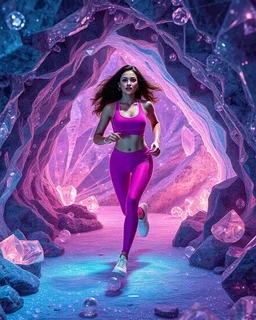 make a video pretty crystal cave covered with jewels and CIFI jewell lights and 3d recursive cubic and sphere base pearls and jwels a beautiful fashion model lady with cute,curvy hair,makeup, in pretty sports suit is running inside cave ,dynamic camera fallow her inside cave capturing full body, dynamic lights.