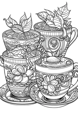 Outline art for coloring page, FULL PAGE TWO TEACUPS GROOVY DESIGN, coloring page, white background, Sketch style, only use outline, clean line art, white background, no shadows, no shading, no color, clear