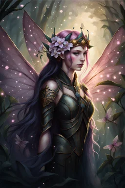 Pink,Hydrangea,orchids,lilies of the valley,night,pink hair,rapunzel hair,elven crown,dragonflies,pointed ears,elven ears,dark fairy princess,sparkle,,dark gold armour,fairy wings,pink