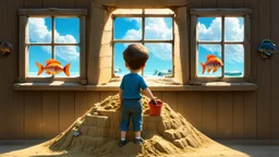 Little boy builds a sand castle with his sand shovel and bucket, there are windows, he sees fishes through the windows, by Daniel Merriam, Naoto Hattori, Peter Gric, Victo Ngai, crisp quality, high definition