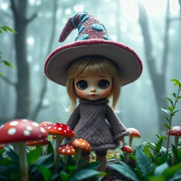 A whimsical doll with large, expressive eyes stands in a misty forest, wearing a sparkling, oversized wizard hat adorned with blue spots. She is dressed in a soft, textured outfit resembling a mushroom and is surrounded by vibrant, red-and-white spotted mushrooms. Lush green plants frame the scene, adding to the enchanting atmosphere. The soft light filtering through the trees creates a magical ambiance.