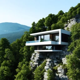 Architectural drawing of spectacular views of a modern house suspended on the side of a mountain, using light and resistant materials. Hyper detailed, ultra quality. green trees