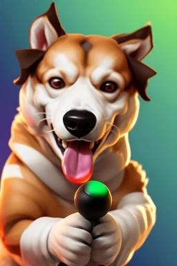 Crazy screaming gaming dog with joystick in paw