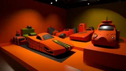 A dark orange colored raceway with robotic racecars painted by Stuart Davis