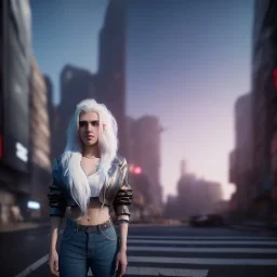 A wide-angle shot of a young, white-haired attractive woman standing on a sidewalk in a cyberpunk city, looking at the camera. High-resolution