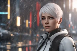 Carla in white short hair in 8k anime cgi artstyle, Detroit become human them, normal eyes, close picture, rain, apocalypse, intricate details, highly detailed, high details, detailed portrait, masterpiece,ultra detailed, ultra quality