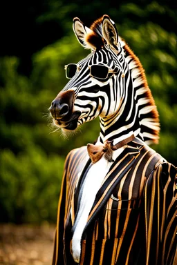 Portrait of an {Zebra} wearing a {brown} suit and sunglasses, {black} color background, realistic photography, shot on Sony dslr camera, Fujifilm --s 250