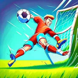 Soccer player kicking a ball into the goal with a lot of force, cartoon art