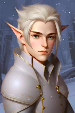 20 year old male winter eladrin portrait with two swords shoulder length hair