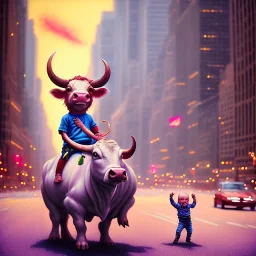 A one-year-old boy rides on the cow in the middle of a busy street in new york. photographic, bright colors and sunset, fantasy art, Anna Dittmann, digital painting, dan mumford, oil on canvas, jeff koons, akihito yoshida, wlop, kodachrome.