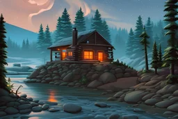 Night, cabin, rocks, river, mistery, epic