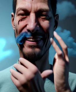 Realistic image, waist up view, a guy making the fuck you gesture with his hand, blue smoke coming out of his eyes, nose and mouth. Happy, smile, soft color, highly detailed, unreal engine 5, ray tracing, RTX, lumen lighting, ultra detail, volumetric lighting, 3d, finely drawn, high definition, high resolution.