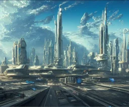 Spaceport on a heavy industrialized planet with a futuristic city in the background, (retrofuturistic:2), art by John Berkey, buildings with glass facades, brutalist architecture, insanely detailed, vibrant, 8k uhd, cinematic atmosphere, ultra-wide angle, street level view, brush strokes, blue sky with clouds, sharp focus