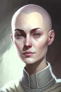 full color portrait drawing, portrait, fantasy setting, 22-year old female human cleric, shaved head, light eyebrows, grey eyes