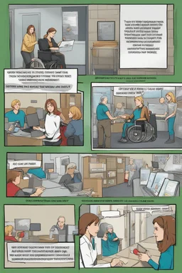 **Content Art:** Develop a comic strip series featuring women and disabled individuals navigating various scenarios safely and confidently. The series could address common safety concerns and provide tips on how to avoid scams during placements or interviews. **Appearance:** content art ideas that encapsulate the themes; "importance of First Aid training, safety and protection of women and individuals with disabilities or special challenges, and awareness against placement / interview scams, wor